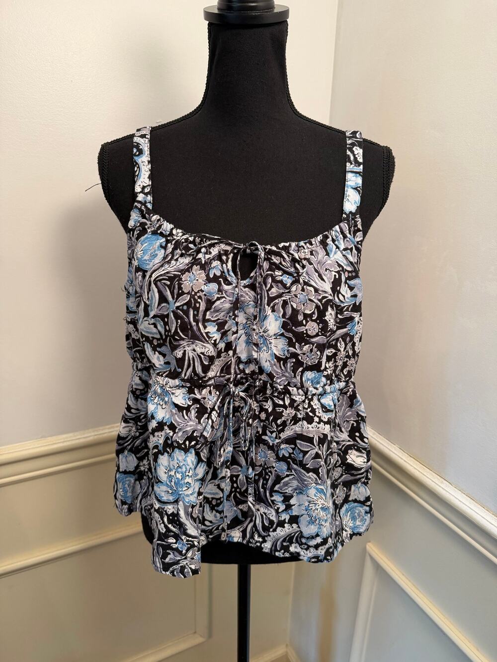 Tahari 100% Linen Floral Tie-Front Crop Tank Top Peplum Boho Resort Wear Beach